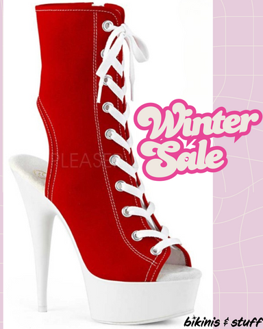 Delight-1016SK - Red Canvas Neon White -  Pole Fitness Ankle Boot 6"